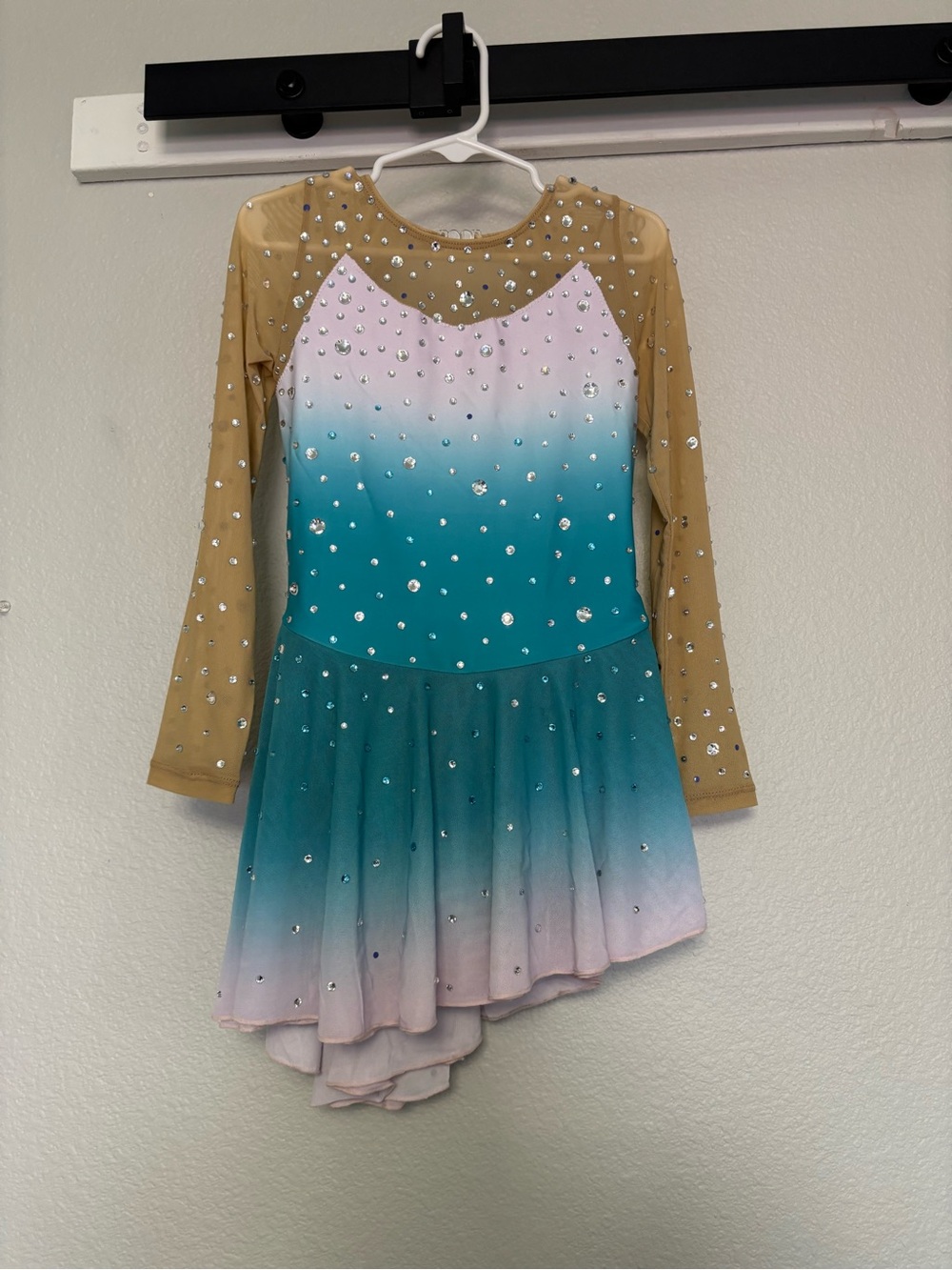 Girls' Teal Ombre Ice Skating Dress with Gold Mesh Sleeves